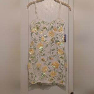 Morgan & Co. White Strapless Mini Dress with Yellow Floral Sequin Embroidery